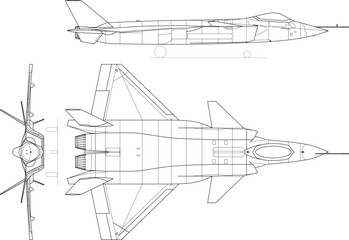 Fighter jet, plane, drawing, blueprint, outline eps vector illustration, line art, 3 view, cnc cut file, laser engraving, cricut, laser cut file