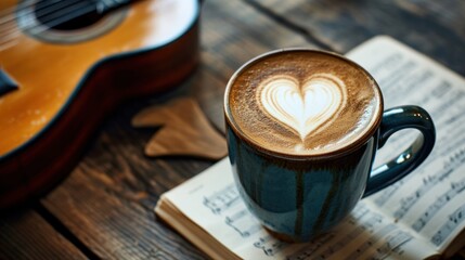 Coffee with heart shape latte art and music sheet guita on wooden table. - obrazy, fototapety, plakaty