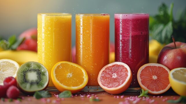 Freshly squeezed vegetable juices with vibrant colors, promoting detox and vitality, solid color background, 4k, ultra hd