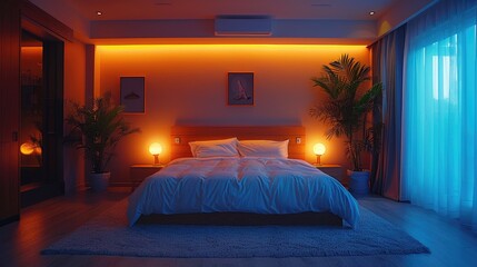 Harmonious sleep space with sparse furnishings and gentle night lighting, creating a peaceful ambiance, solid color background, 4k, ultra hd