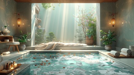 Harmonious spa treatment suite with jade rollers, silk kimonos, and a soundtrack of gentle ocean waves, solid color background, 4k, ultra hd