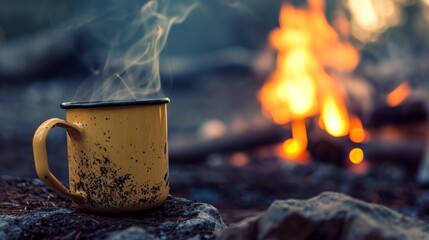 Close-up view of a cup of coffee in camping site with camp fire in woods. - obrazy, fototapety, plakaty