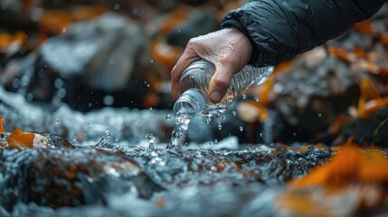 Hiker refilling a water bottle from a safe, natural spring during a long trek, emphasizing the importance of staying hydrated in the wild, solid color background, 4k, ultra hd - obrazy, fototapety, plakaty