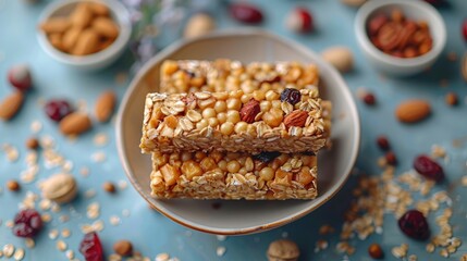 Homemade natural energy bars with oats and nuts, symbolizing healthy snacking, solid color background, 4k, ultra hd