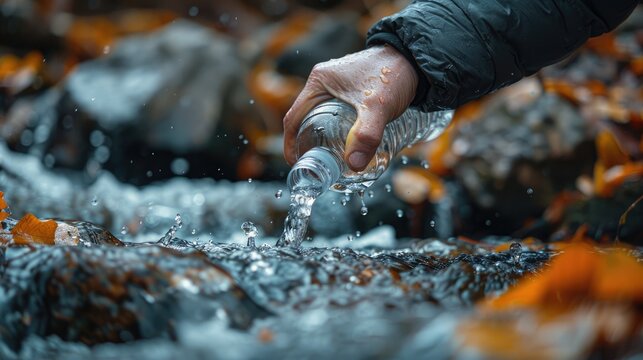 Hiker refilling a water bottle from a safe, natural spring during a long trek, emphasizing the importance of staying hydrated in the wild, solid color background, 4k, ultra hd