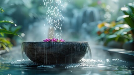 Luxurious spa setting with a focus on tranquility, featuring a bubbling Zen fountain and aromatic incense, solid color background, 4k, ultra hd