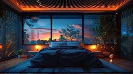 Minimalist sleep sanctuary with clean lines and muted colors, under a starry night window view, solid color background, 4k, ultra hd - obrazy, fototapety, plakaty