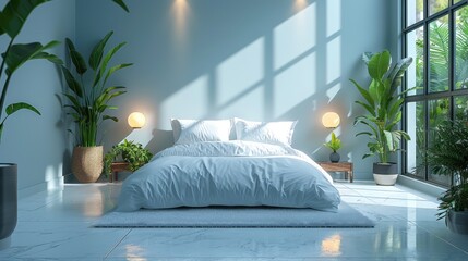 Minimalist bedroom with a focus on tranquility, featuring clean lines and soft, natural lighting, solid color background, 4k, ultra hd