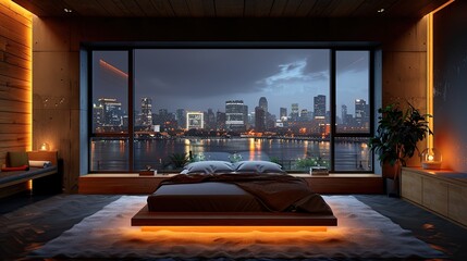 Minimalist urban bedroom with sleek lines, soft bedding, and a view of the night cityscape, solid color background, 4k, ultra hd