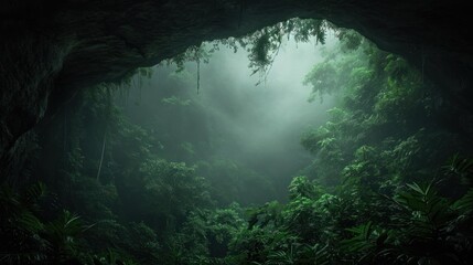 Prehistoric forest jungle viewed from a cave with giant trees.
