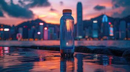 Open water bottle with a vibrant cityscape in the background, blending urban life with the necessity of staying hydrated, solid color background, 4k, ultra hd