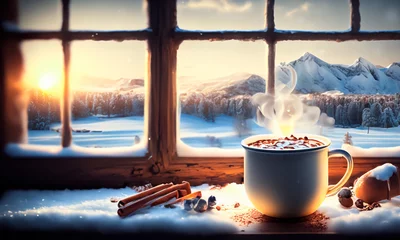 Raamstickers cup of hot tea in the snow © L