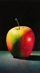 Hyper-realistic depiction of a multi-colored apple, with hues blending from red to green