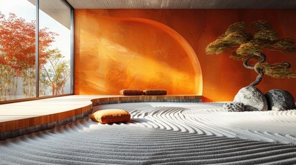 Peaceful corner in a Japanese Zen garden, with raked sand and minimalistic aesthetics, solid color background, 4k, ultra hd