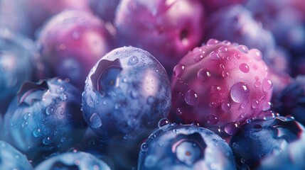 Hyper-realistic image of a bunch of blueberries, each a different shade ranging from blue to pink - obrazy, fototapety, plakaty