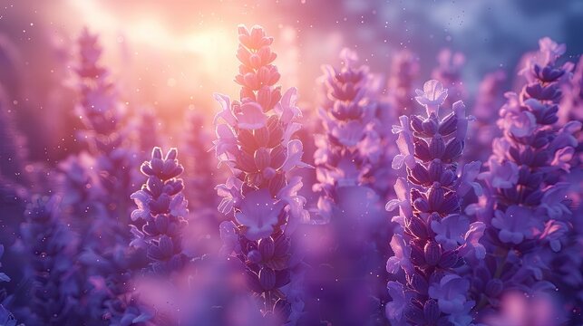Peaceful area in a lavender field, with the scent of flowers and buzzing bees for mindfulness, solid color background, 4k, ultra hd