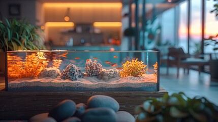 Peaceful spa reception with a crystal clear aquarium, subtle sand gardens, and soft, ambient music, solid color background, 4k, ultra hd