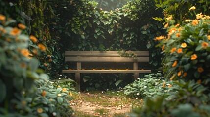 Obraz premium Quiet nook in a secret garden, hidden behind ivy-covered walls and filled with floral scents, solid color background, 4k, ultra hd