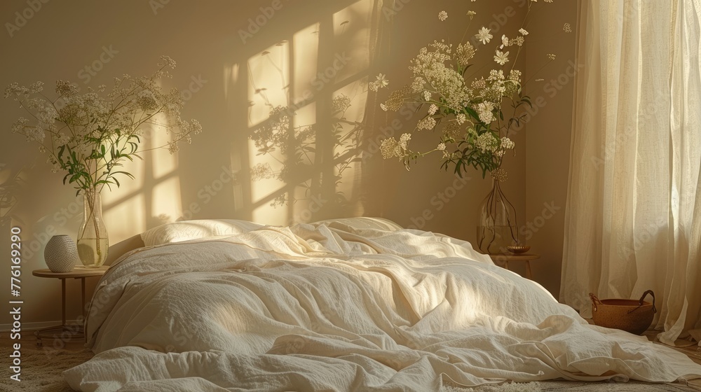Poster simple, serene sleeping space with a soft color palette and minimal distractions, solid color backgr