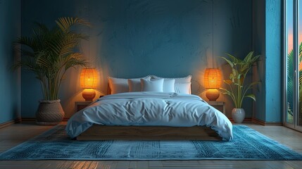 Serene bedroom with a simple, comfortable bed and a soft, glowing floor lamp, solid color background, 4k, ultra hd - obrazy, fototapety, plakaty