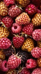 Detailed, multi-colored raspberries, each berry a burst of pink, gold, and red