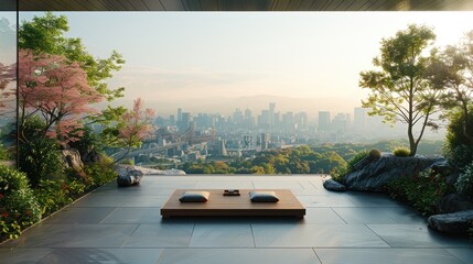Serene meditation area on a secluded urban roof garden, with skyline views, solid color background, 4k, ultra hd