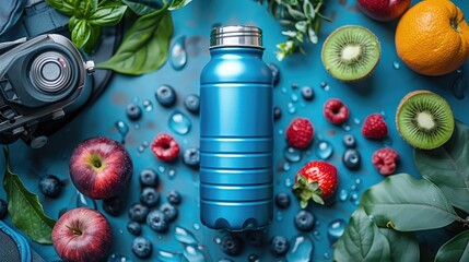 Sleek, refillable water flask alongside a runnerâ€™s gear, emphasizing the importance of staying hydrated, solid color background, 4k, ultra hd - obrazy, fototapety, plakaty