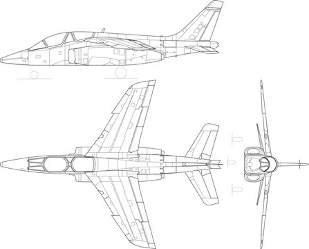 Fighter jet, plane, drawing, blueprint, outline eps vector illustration, line art, 3 view, cnc cut file, laser engraving, cricut, laser cut file