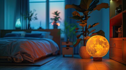 Tranquil sleeping area with a clean aesthetic and a gentle, bedside moonlight lamp, solid color background, 4k, ultra hd