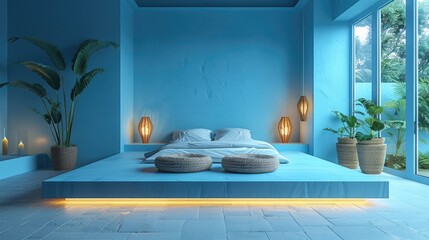 Tranquil sleeping space with a low bed, surrounded by calming blue walls and subtle lighting, solid color background, 4k, ultra hd