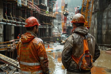 Two construction workers in reflective gear discuss work amidst a muddy construction site