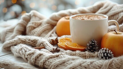 Warm knitting corner with a pattern schedule, comforting craft quotes, and a pot of cinnamon-spiced apple cider, solid color background, 4k, ultra hd