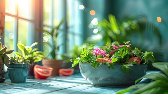 Tranquil planning space with a serene view, a weekly planner, motivational affirmations, and a fresh salad, solid color background, 4k, ultra hd