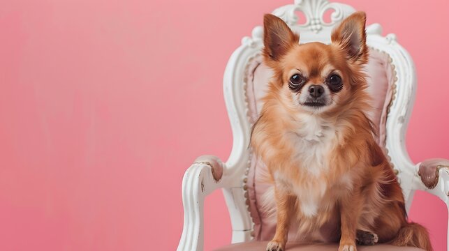 Brown chihuahua dog sitting in a white baroque chair on a pink background