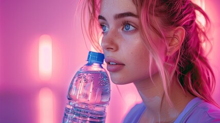 Woman hydrating with a large bottle of water post-workout, emphasizing the importance of hydration, solid color background, 4k, ultra hd