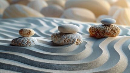 Zen garden corner with sand patterns and smooth stones for contemplation, solid color background, 4k, ultra hd