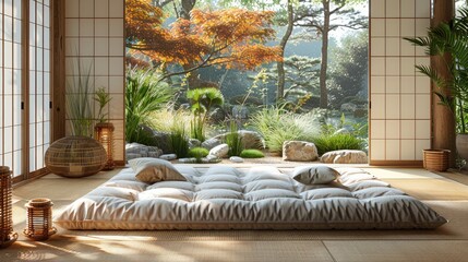 Zen-inspired sleep area with a futon mattress and bamboo accents, promoting simplicity, solid color background, 4k, ultra hd