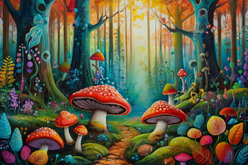 Explore the enchanting depths of a vibrant, detailed painting depicting a whimsical forest adorned with magical trees and mushrooms - obrazy, fototapety, plakaty