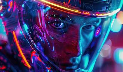 Man in cybernetic helmet with multicolored light reflections. The concept of a futuristic warrior.