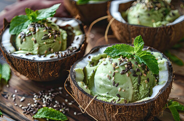 coconut shells filled with green ice cream, sprinkled with mint leaves and edible seeds on top