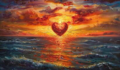 Artistic depiction of a heart against the backdrop of a sunset sea with reflection. The concept of love and art.