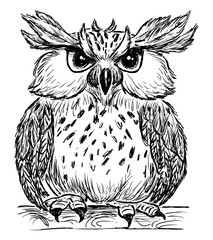 Owl bird, cartoon, cute, funny, one, sketch,black and white,hand drawn vector illustration, isolated