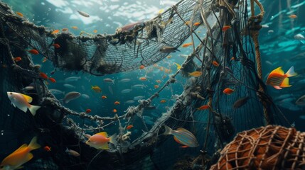 A scene depicting overfishing's impact on marine life, with empty nets and vanishing fish species.