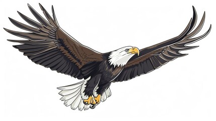 Fototapeta premium A bald eagle flying in sky in wild. Vector illustration art drawing.