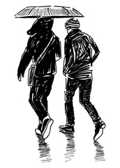 Teenagers, students,guys,two, silhouette, umbrella,casual, young people,raining, walking,real people,bad weather,sketch, black and white vector hand drawn illustration isolated on white,doodle - 776170277