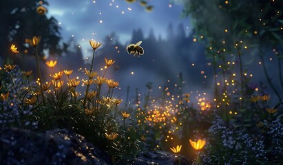 Bee flying over a blooming field. The concept of spring's natural rebirth. - obrazy, fototapety, plakaty