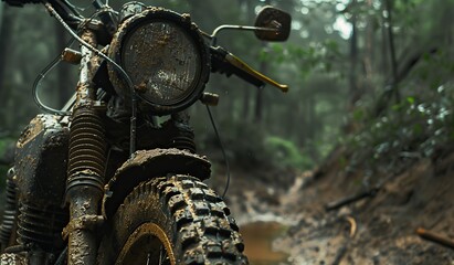Motorcycle in the forest during autumn rain. The concept of adventure and freedom.