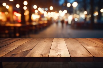 Empty wooden table and abstract bokeh background, Ai Generated