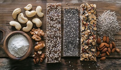 Variety of nuts and seed bars on a wooden surface. The concept of healthy eating and snacks.