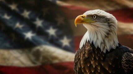 Close-up portrait of a bald eagle in front of US national flag.